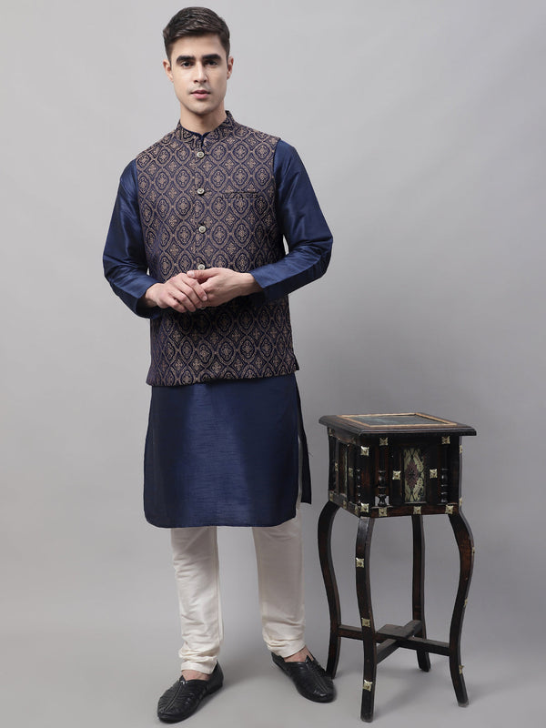 Men Navy Blue Solid Kurta Pyjama with  Brown Woven Design Nehru Jacket