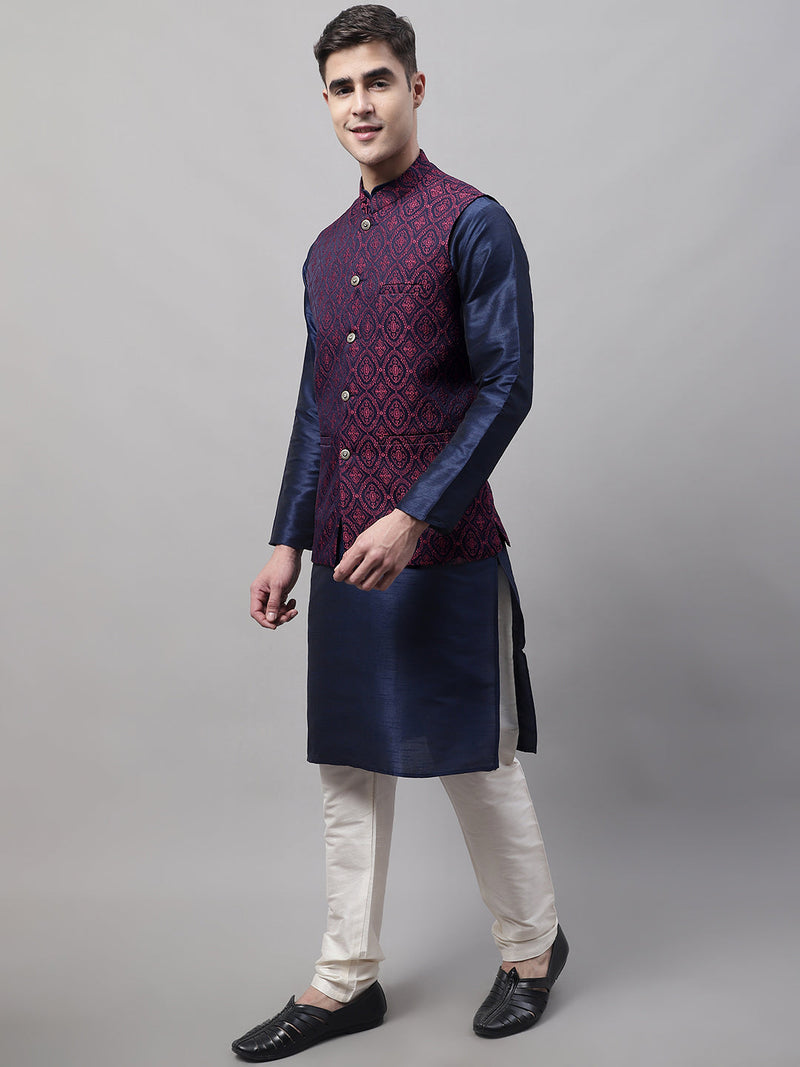 Men Navy Blue Solid Kurta Pyjama with  Maroon Woven Design Nehru Jacket