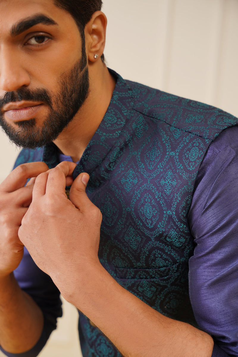 Men Navy Blue and Green Woven Design Waistcoats