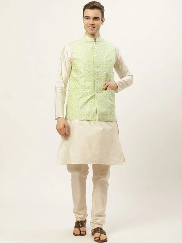 Jompers Men's Embroidered Nehru Jacket & Kurta Pyjama ( JOKPWC W-D 4029Green )