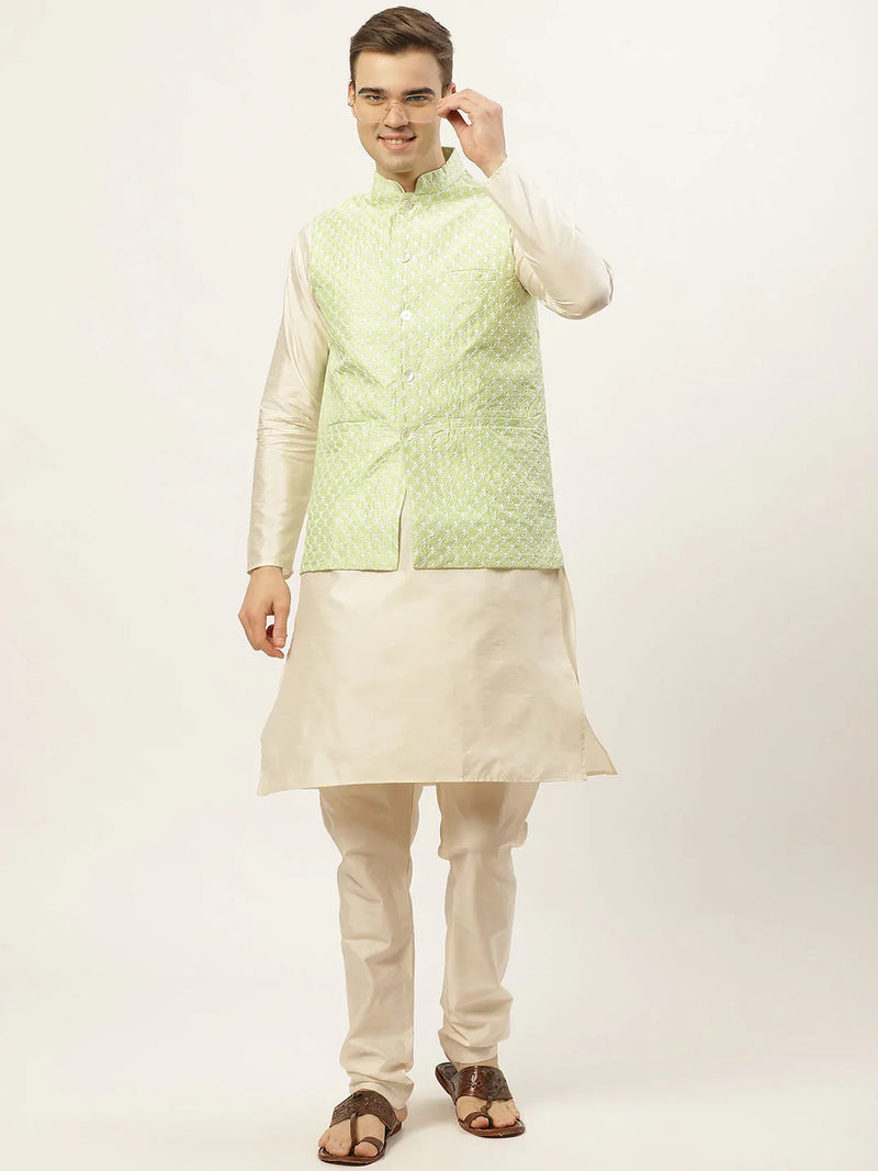 Jompers Men's Embroidered Nehru Jacket & Kurta Pyjama ( JOKPWC W-D 4029Green )