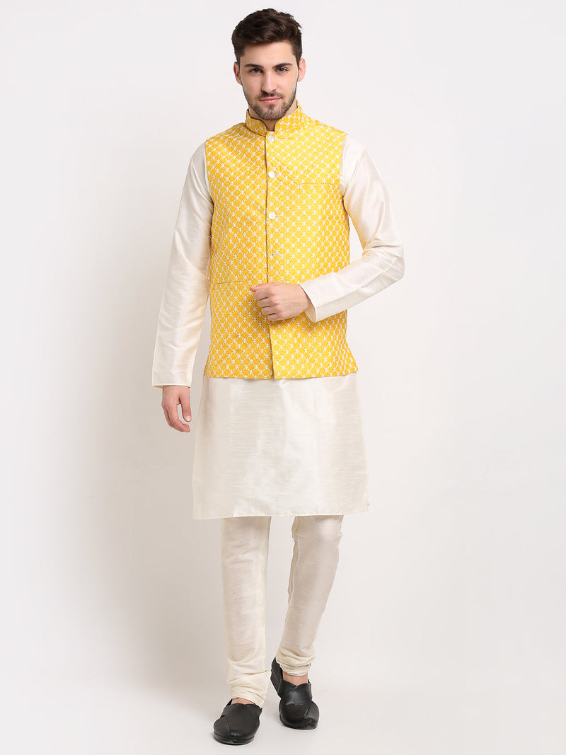 Jompers Men's Embroidered Nehru Jacket & Kurta Pyjama