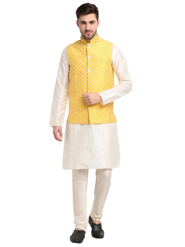 Jompers Men's Embroidered Nehru Jacket & Kurta Pyjama ( JOKPWC W-D 4029Mustard )