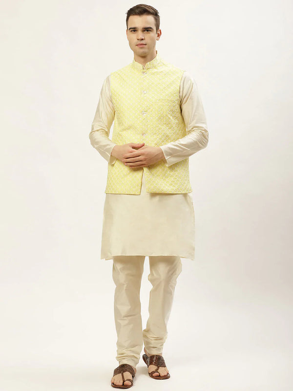 Jompers Men's Embroidered Nehru Jacket & Kurta Pyjama ( JOKPWC W-D 4029Yellow )