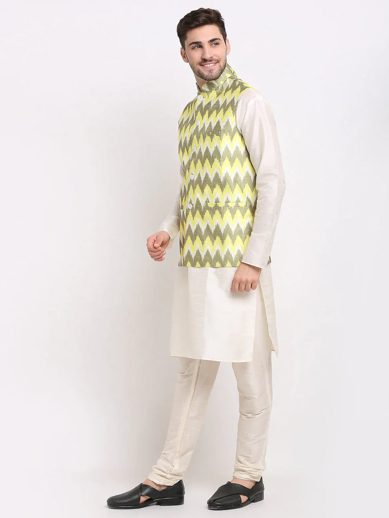 Jompers Men's Ikat Print Nehru Jacket & Kurta Pyjama ( JOKPWC W-D 4030Multi-Olive )