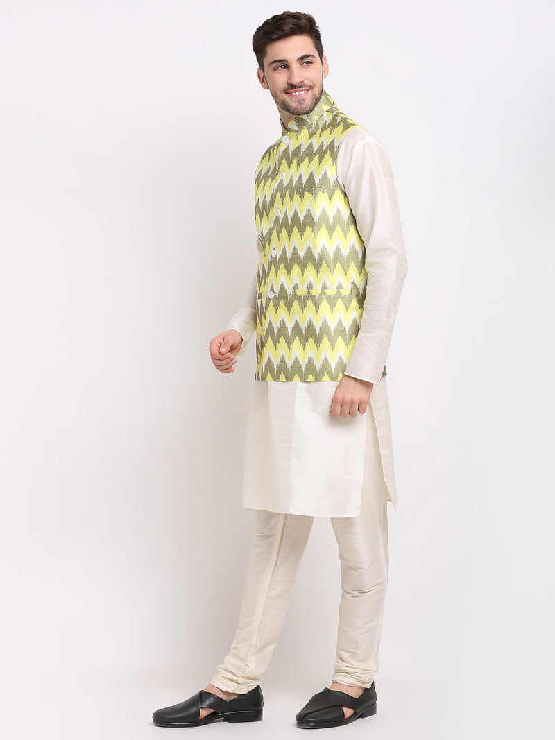 Jompers Men's Ikat Print Nehru Jacket & Kurta Pyjama