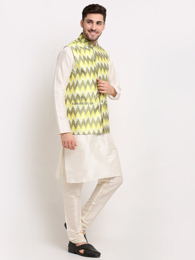 Jompers Men's Ikat Print Nehru Jacket & Kurta Pyjama