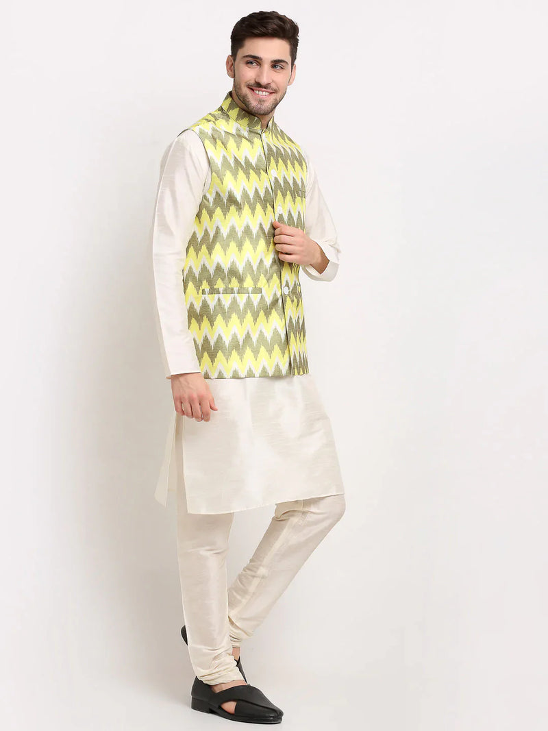 Jompers Men's Ikat Print Nehru Jacket & Kurta Pyjama ( JOKPWC W-D 4030Multi-Olive )