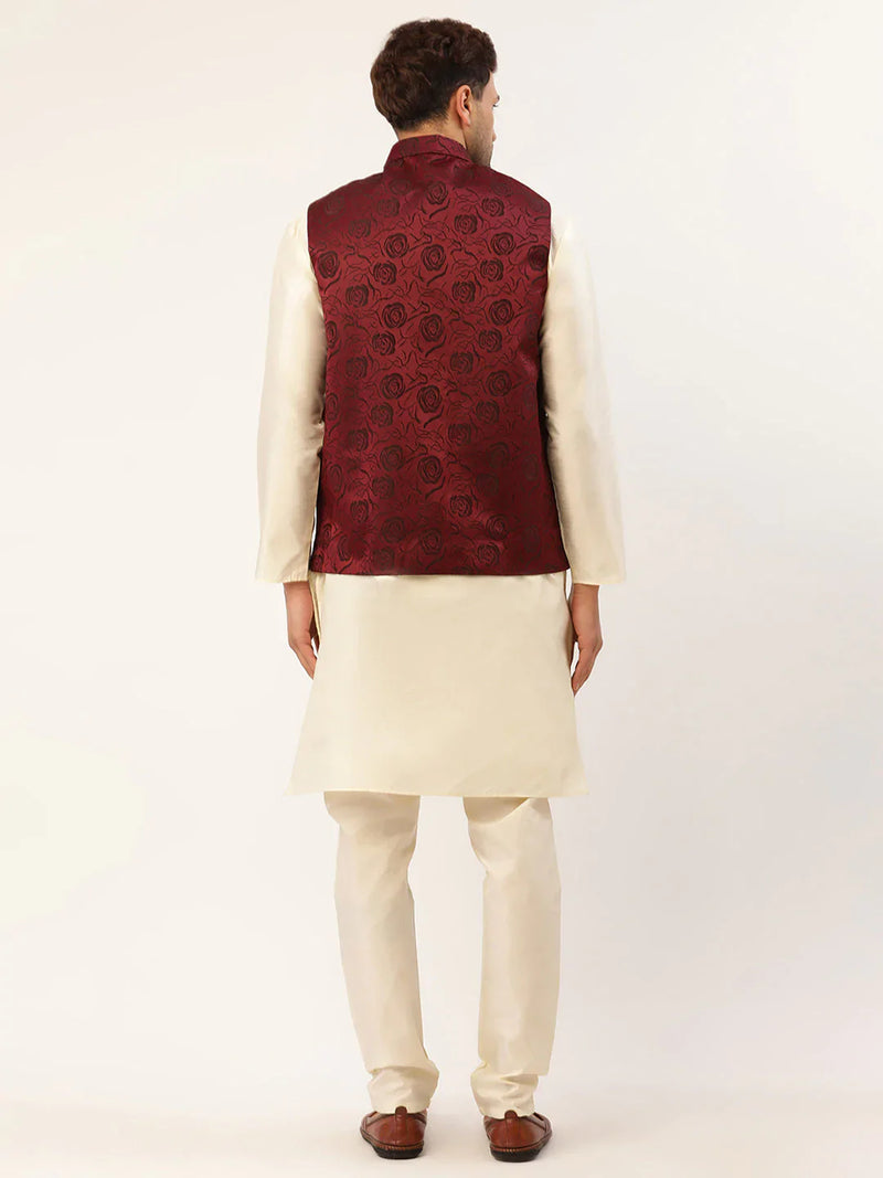 Men's Solid Kurta Pyjama With Maroon Floral Embroidered Nehru Jacket( JOKPWC W-D 4034Maroon )