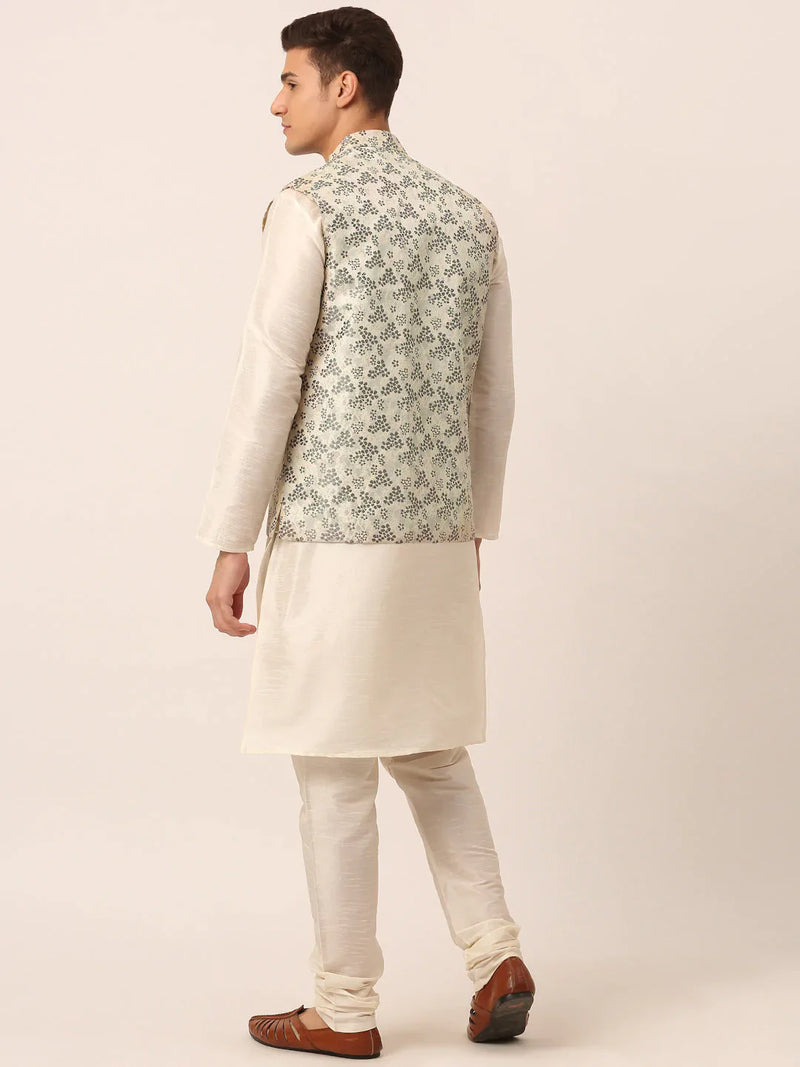 Men's Solid Kurta Pyjama With Grey Floral Embroidered Nehru Jacket( JOKPWC W-D 4042Grey )