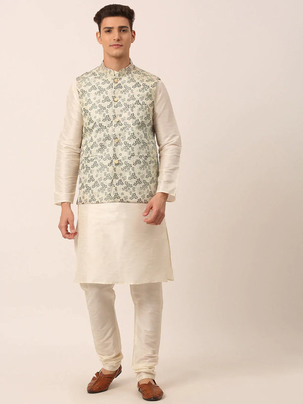 Men's Solid Kurta Pyjama With Grey Floral Embroidered Nehru Jacket( JOKPWC W-D 4042Grey )