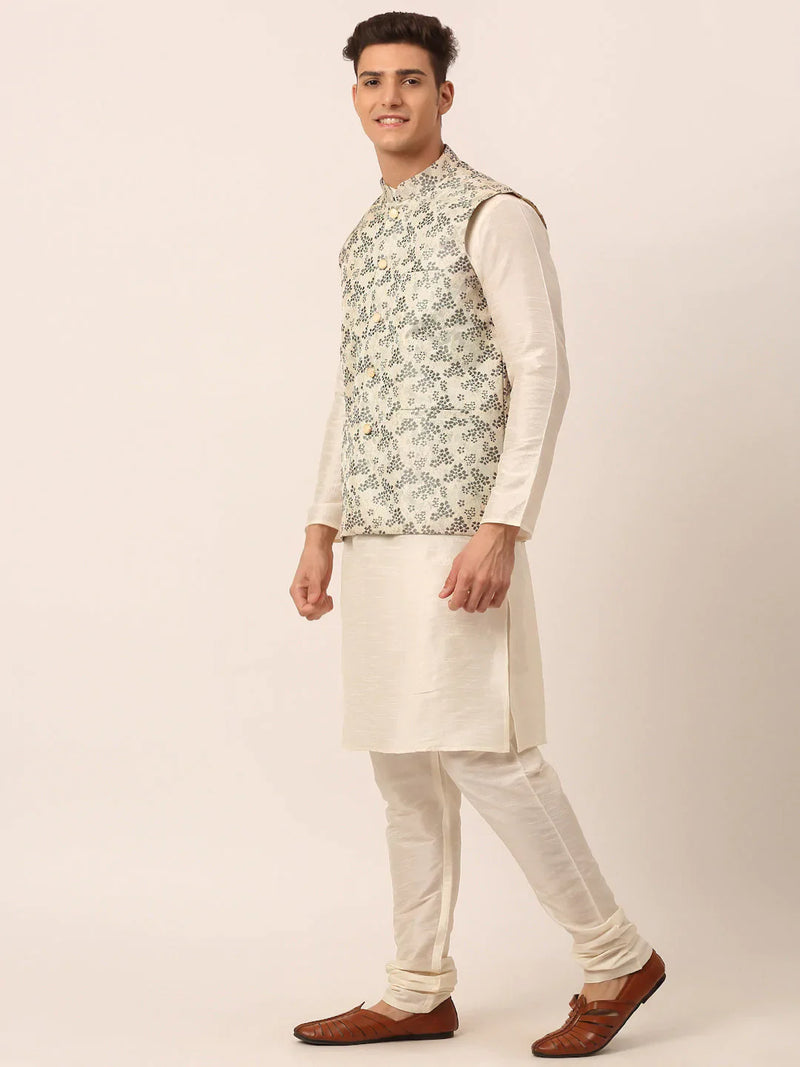 Men's Solid Kurta Pyjama With Grey Floral Embroidered Nehru Jacket( JOKPWC W-D 4042Grey )