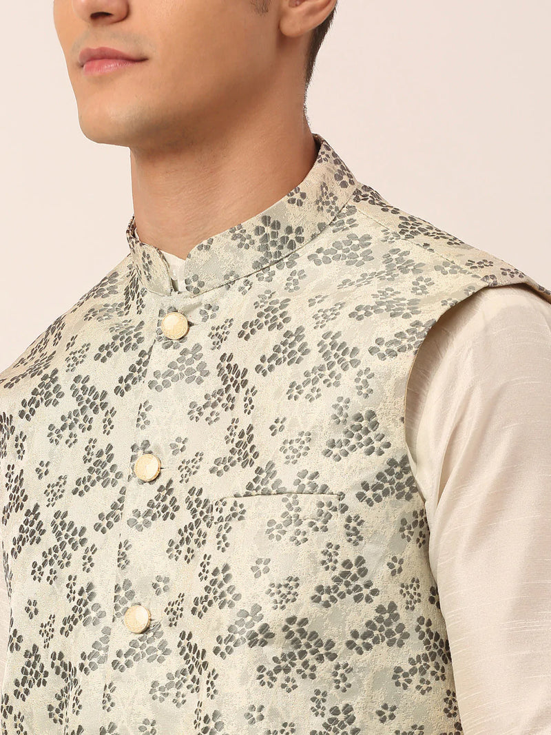 Men's Solid Kurta Pyjama With Grey Floral Embroidered Nehru Jacket( JOKPWC W-D 4042Grey )