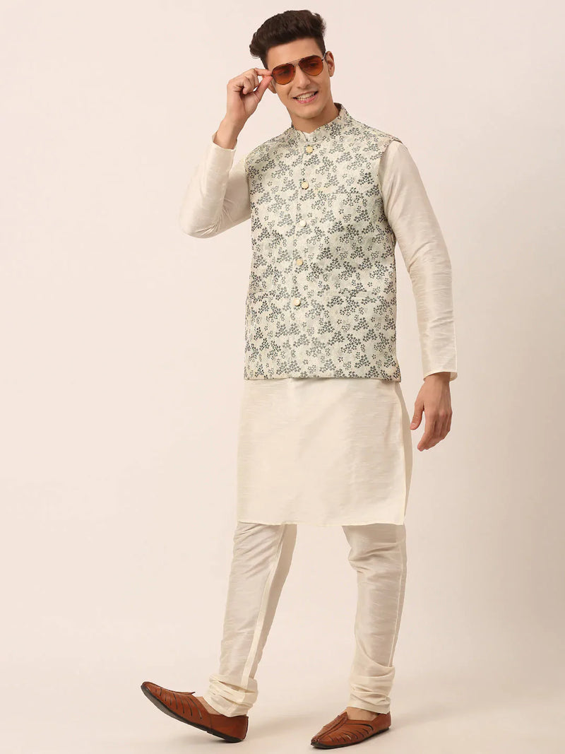 Men's Solid Kurta Pyjama With Grey Floral Embroidered Nehru Jacket( JOKPWC W-D 4042Grey )