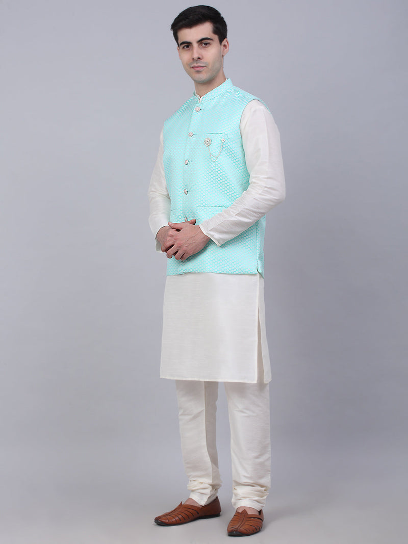 Men's Solid Kurta Pyjama With Woven Design Nehru Jacket ( JOKPWC W-D 4066Sky )