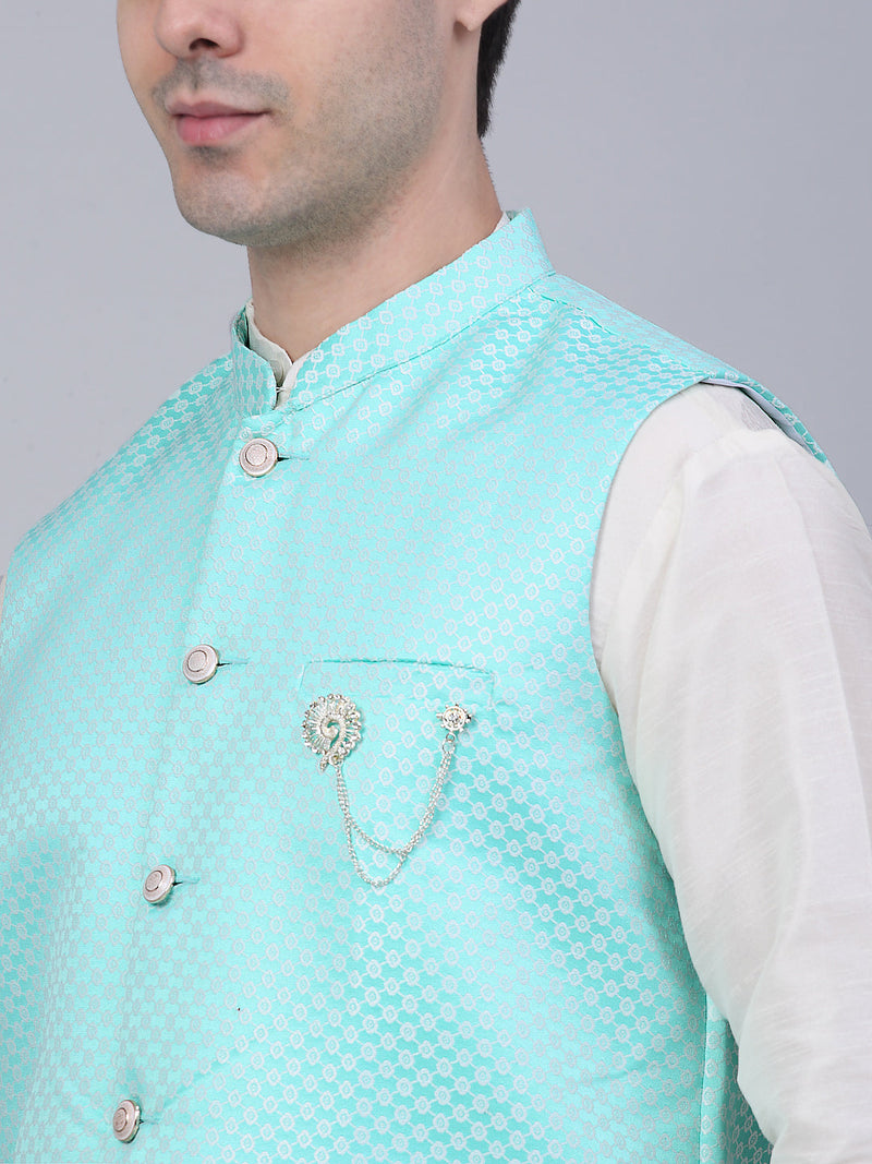 Men's Solid Kurta Pyjama With Woven Design Nehru Jacket ( JOKPWC W-D 4066Sky )