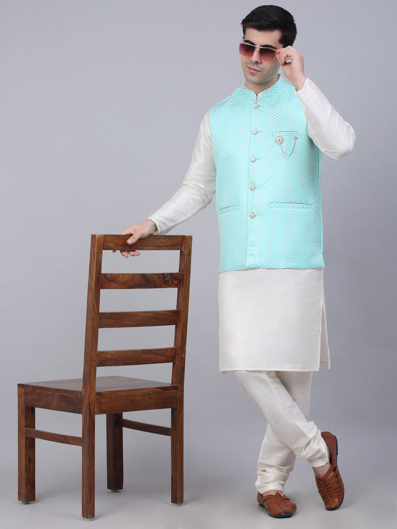 Men's Solid Kurta Pyjama With Woven Design Nehru Jacket ( JOKPWC W-D 4066Sky )