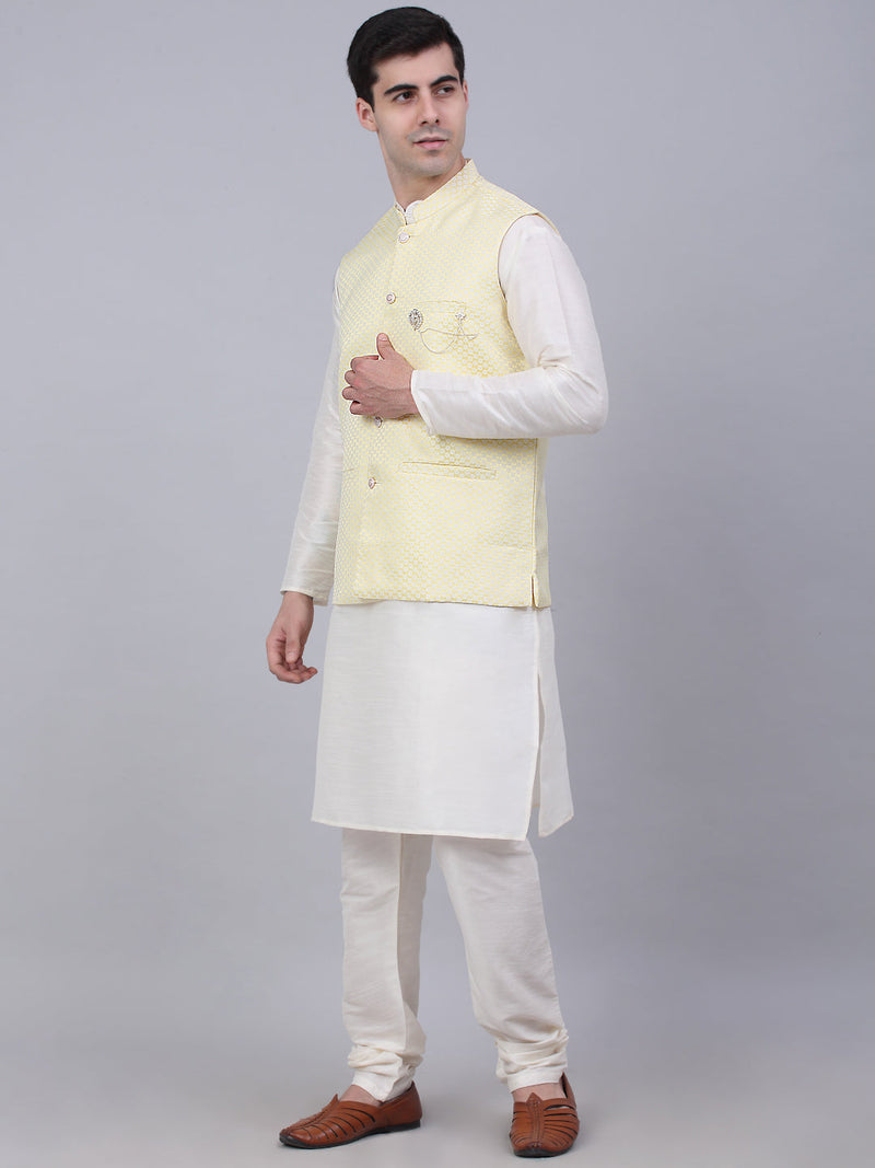 Men's Solid Kurta Pyjama With Woven Design Nehru Jacket ( JOKPWC W-D 4066Yellow )