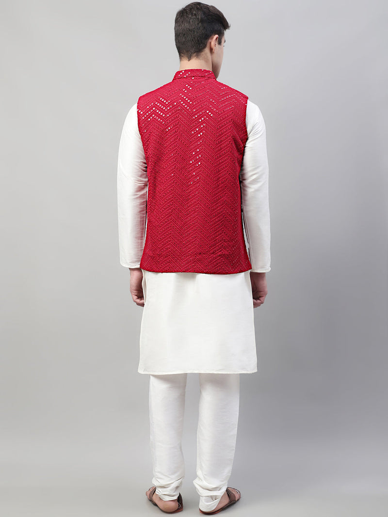 Men White Solid Kurta Pyjama with  Maroon Embroidered Nehru Jacket