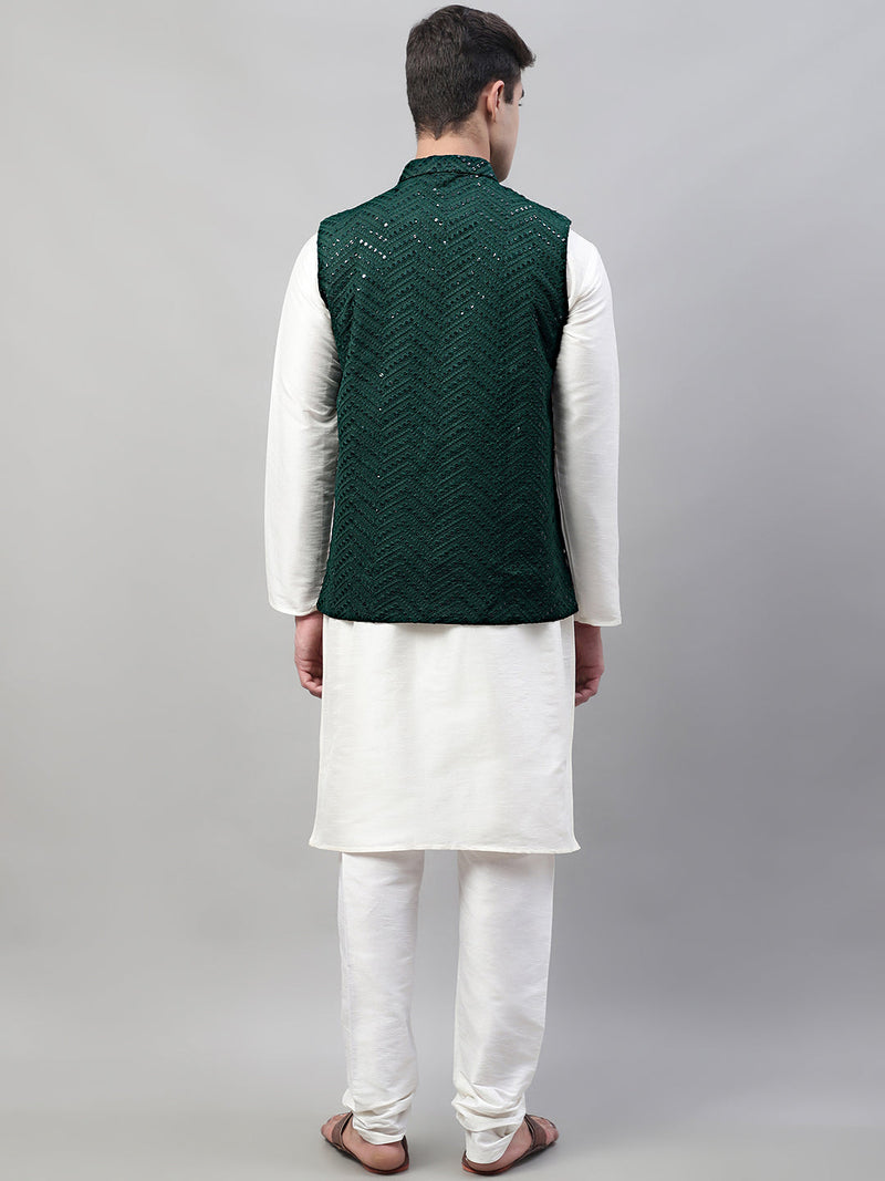 Men White Solid Kurta Pyjama with  Olive Green Embroidered Nehru Jacket