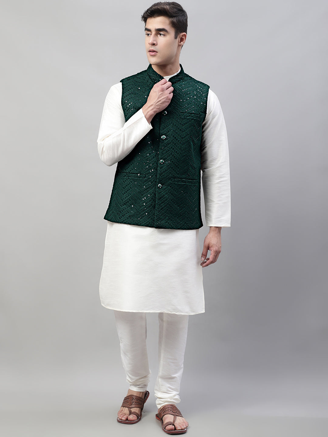 Men White Solid Kurta Pyjama with  Olive Green Embroidered Nehru Jacket