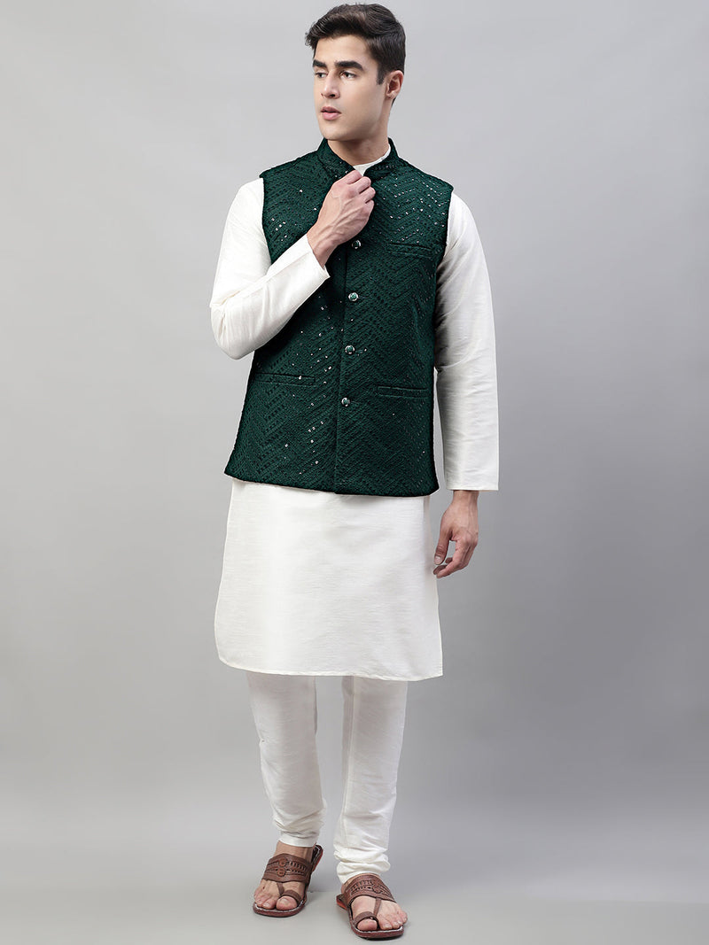 Men White Solid Kurta Pyjama with  Olive Green Embroidered Nehru Jacket