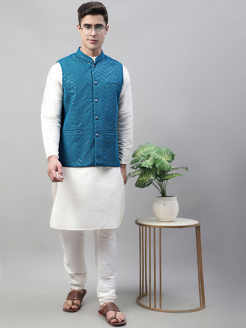 Men White Solid Kurta Pyjama with  Blue Embroidered Nehru Jacket