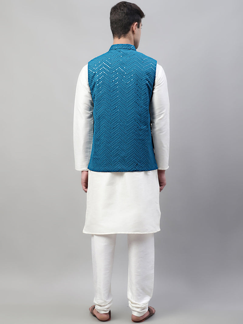 Men White Solid Kurta Pyjama with  Blue Embroidered Nehru Jacket