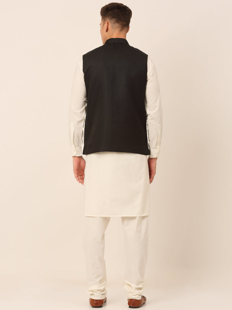 Men's Solid Kurta Pyjama With Nehru Jacket ( JOKPWC W-F 4046Black )