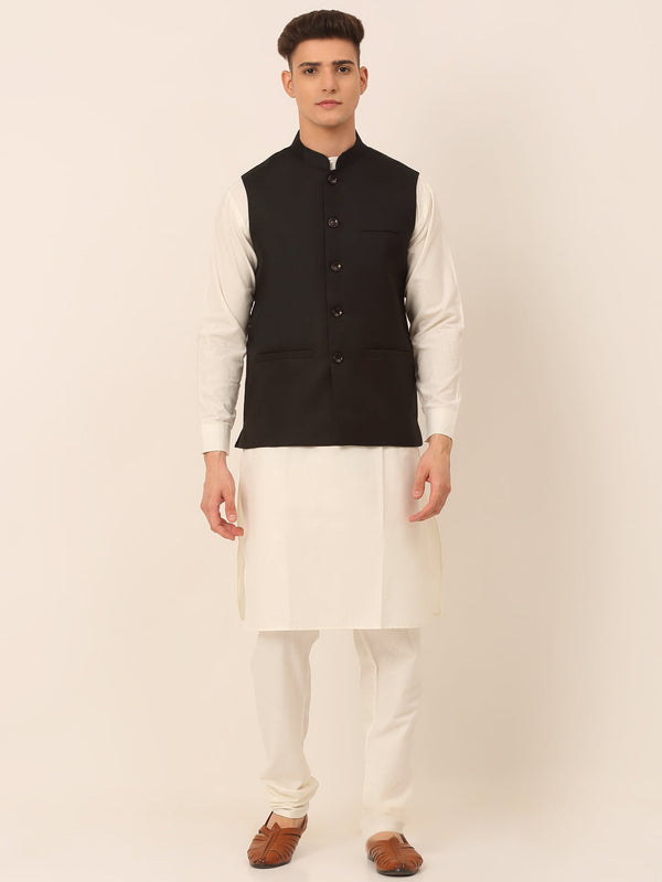 Men's Solid Kurta Pyjama With Nehru Jacket ( JOKPWC W-F 4046Black )