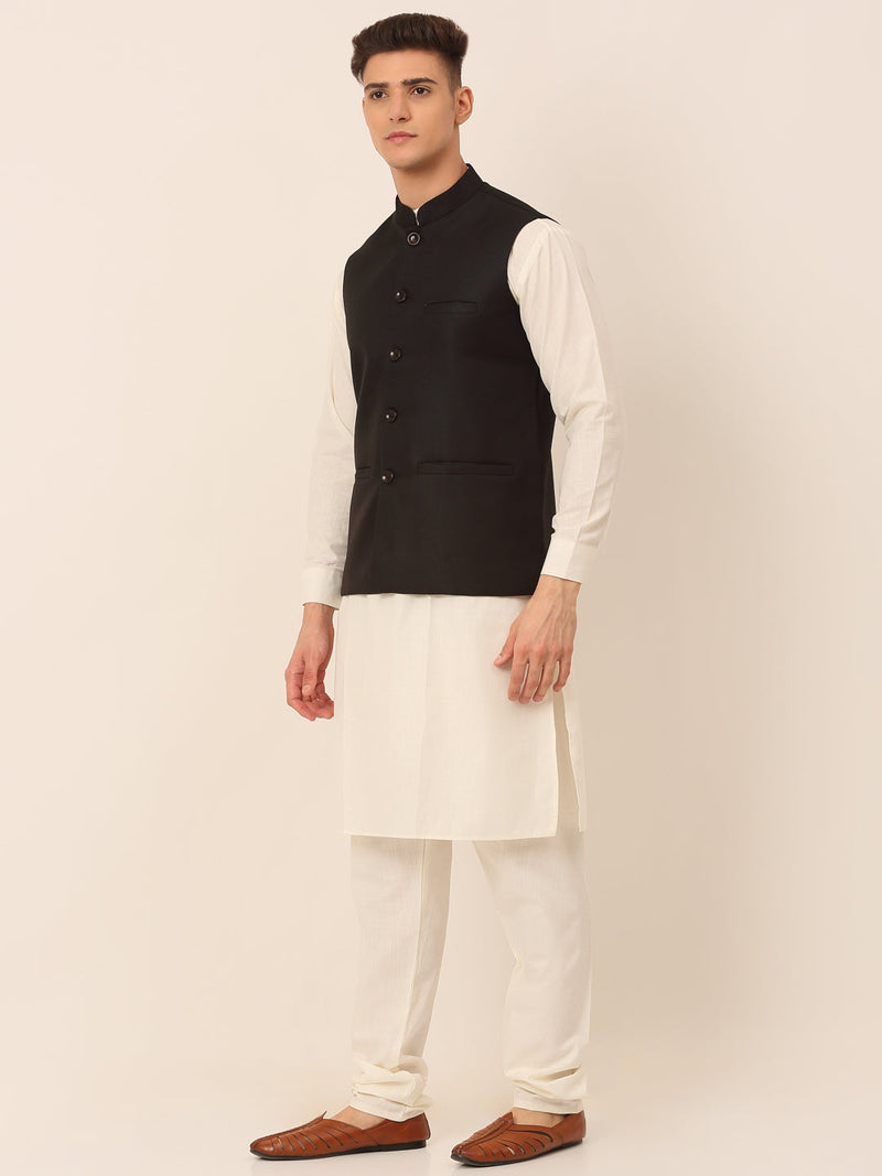 Men's Solid Kurta Pyjama With Nehru Jacket ( JOKPWC W-F 4046Black )