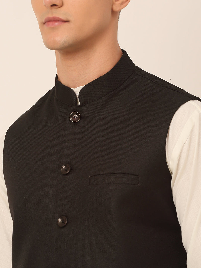 Men's Solid Kurta Pyjama With Nehru Jacket ( JOKPWC W-F 4046Black )