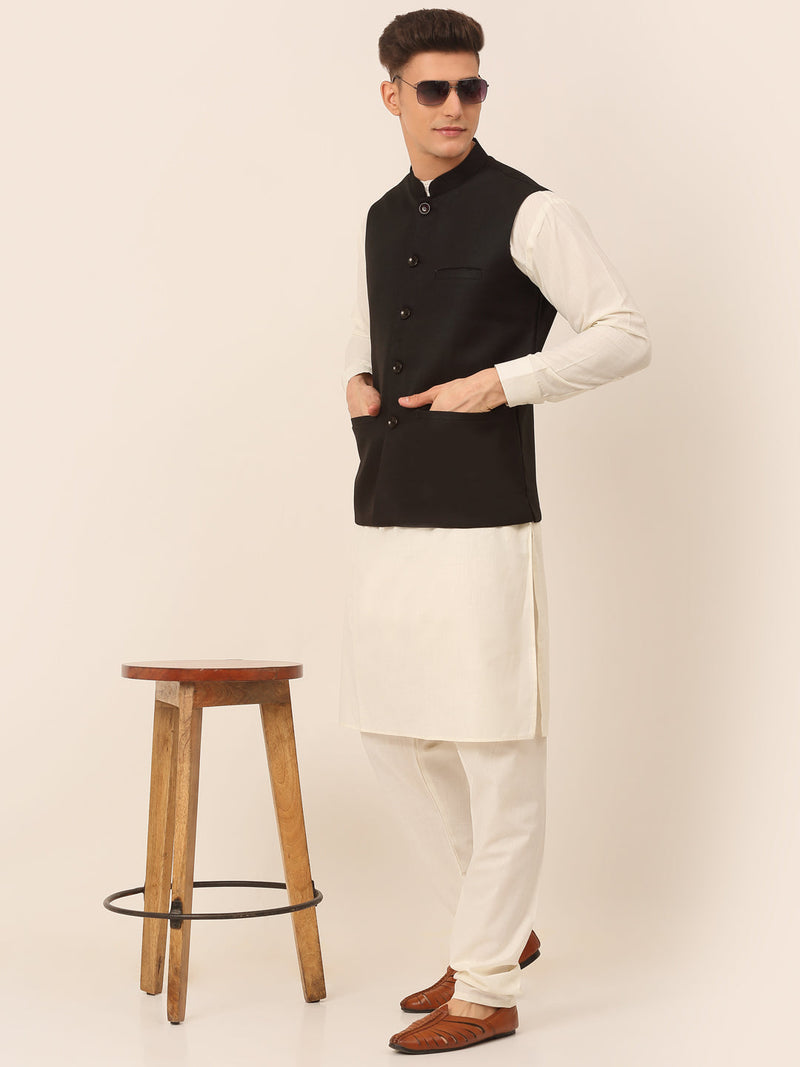 Men's Solid Kurta Pyjama With Nehru Jacket ( JOKPWC W-F 4046Black )