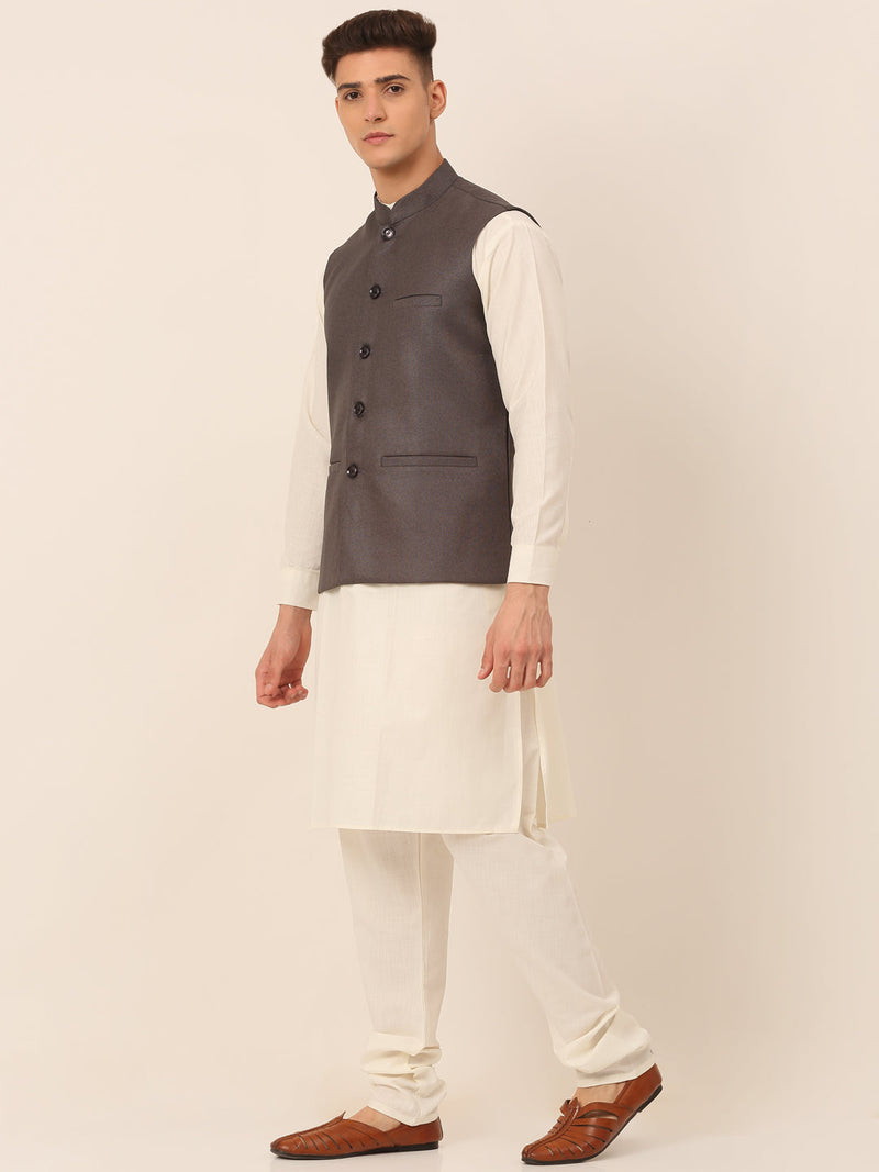 Men's Solid Kurta Pyjama With Nehru Jacket ( JOKPWC W-F 4046Charcoal )