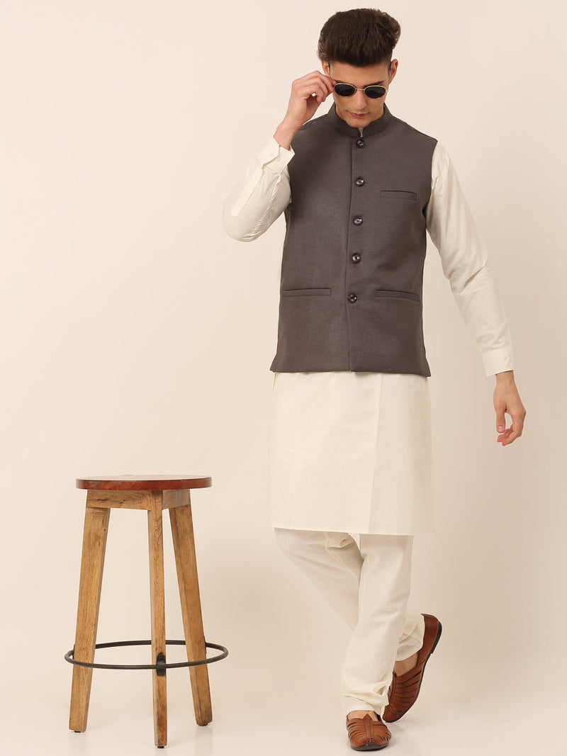 Men's Solid Kurta Pyjama With Nehru Jacket ( JOKPWC W-F 4046Charcoal )