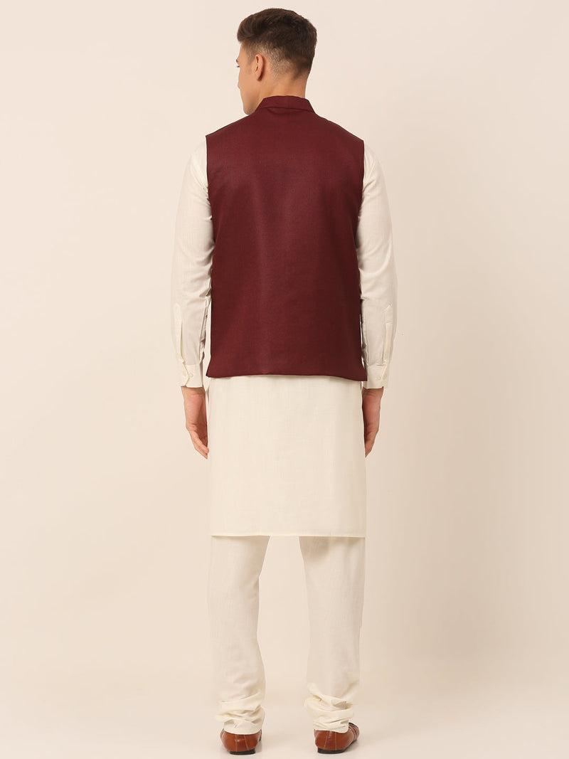 Men's Solid Kurta Pyjama With Nehru Jacket ( JOKPWC W-F 4046Maroon )