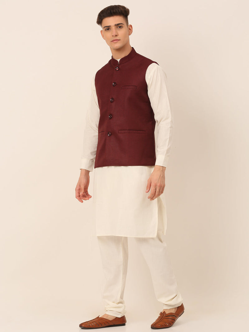 Men's Solid Kurta Pyjama With Nehru Jacket ( JOKPWC W-F 4046Maroon )