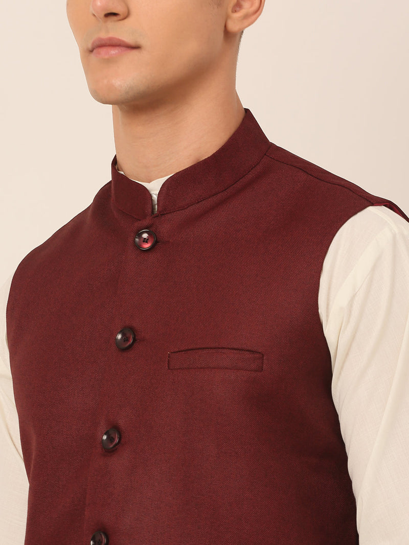 Men's Solid Kurta Pyjama With Nehru Jacket ( JOKPWC W-F 4046Maroon )