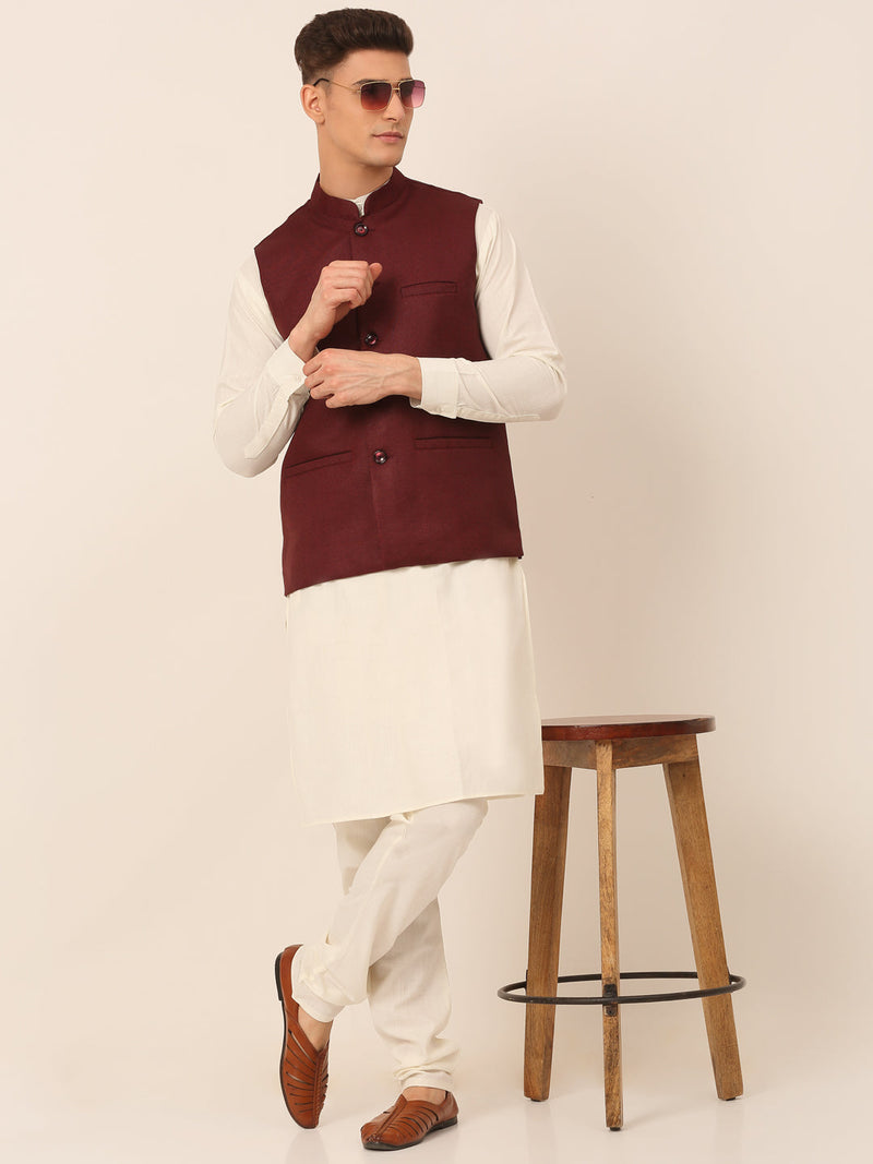 Men's Solid Kurta Pyjama With Nehru Jacket ( JOKPWC W-F 4046Maroon )