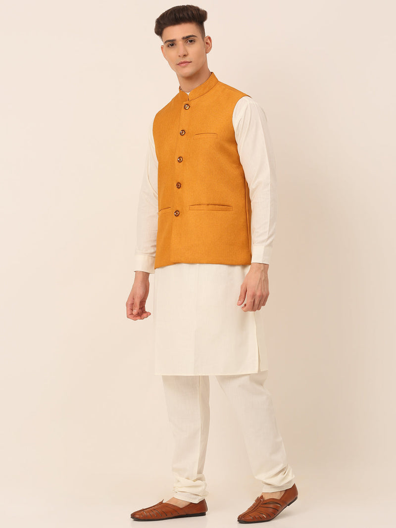 Men's Solid Kurta Pyjama With Nehru Jacket ( JOKPWC W-F 4046Mustard )