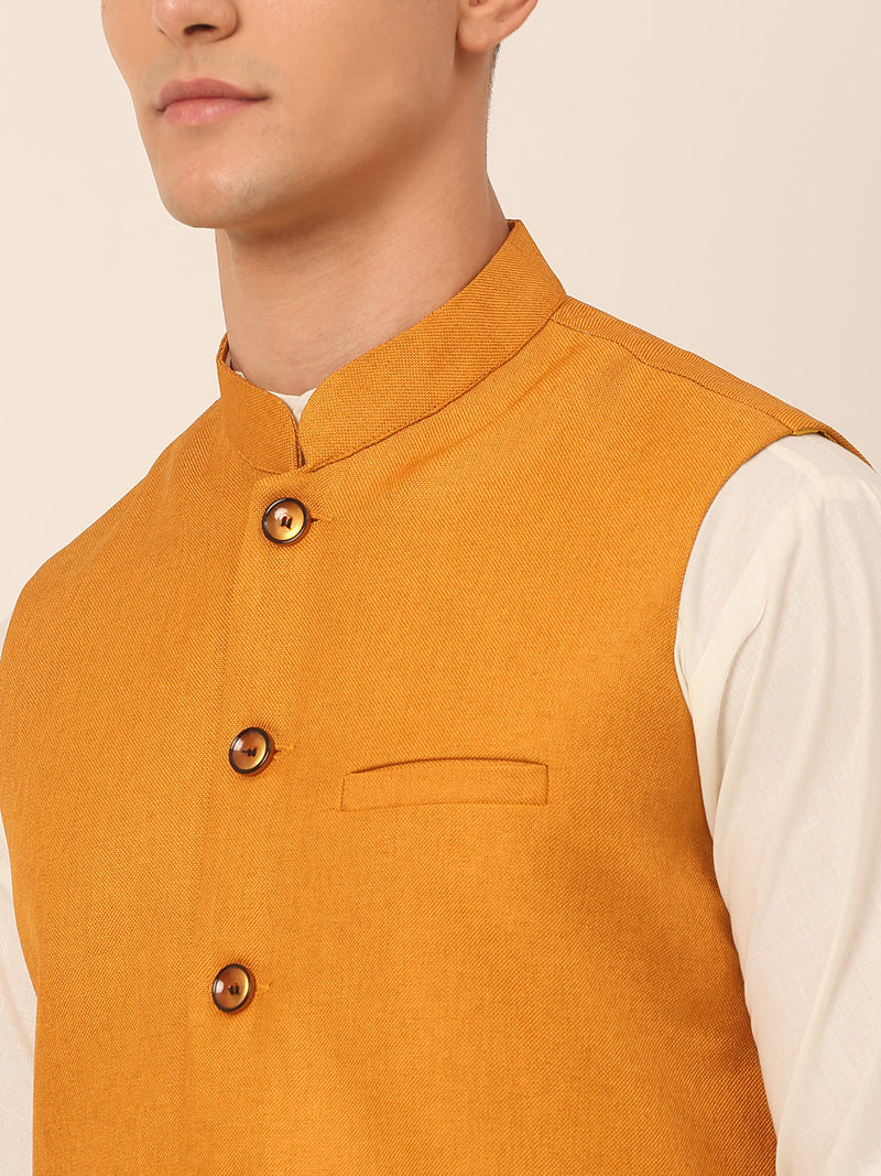 Men's Solid Kurta Pyjama With Nehru Jacket ( JOKPWC W-F 4046Mustard )