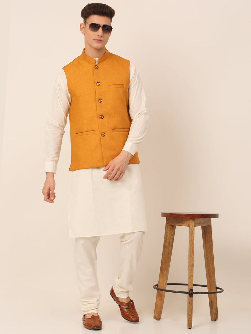 Men's Solid Kurta Pyjama With Nehru Jacket ( JOKPWC W-F 4046Mustard )