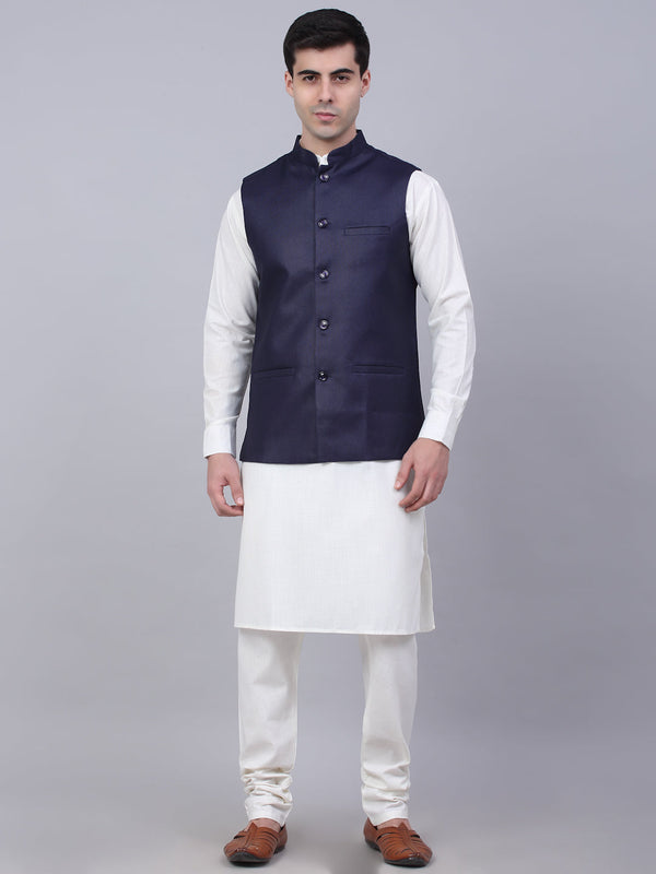 Men's Solid Kurta Pyjama With Nehru Jacket ( JOKPWC W-F 4046Navy )