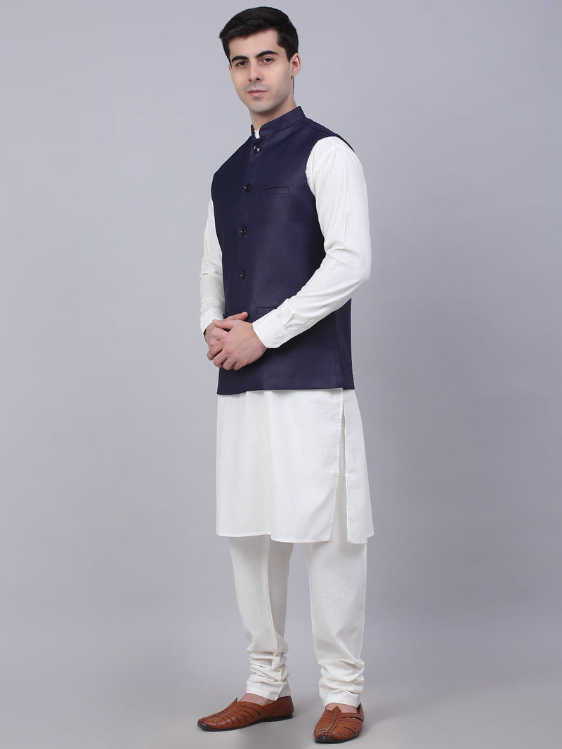 Men's Solid Kurta Pyjama With Nehru Jacket ( JOKPWC W-F 4046Navy )