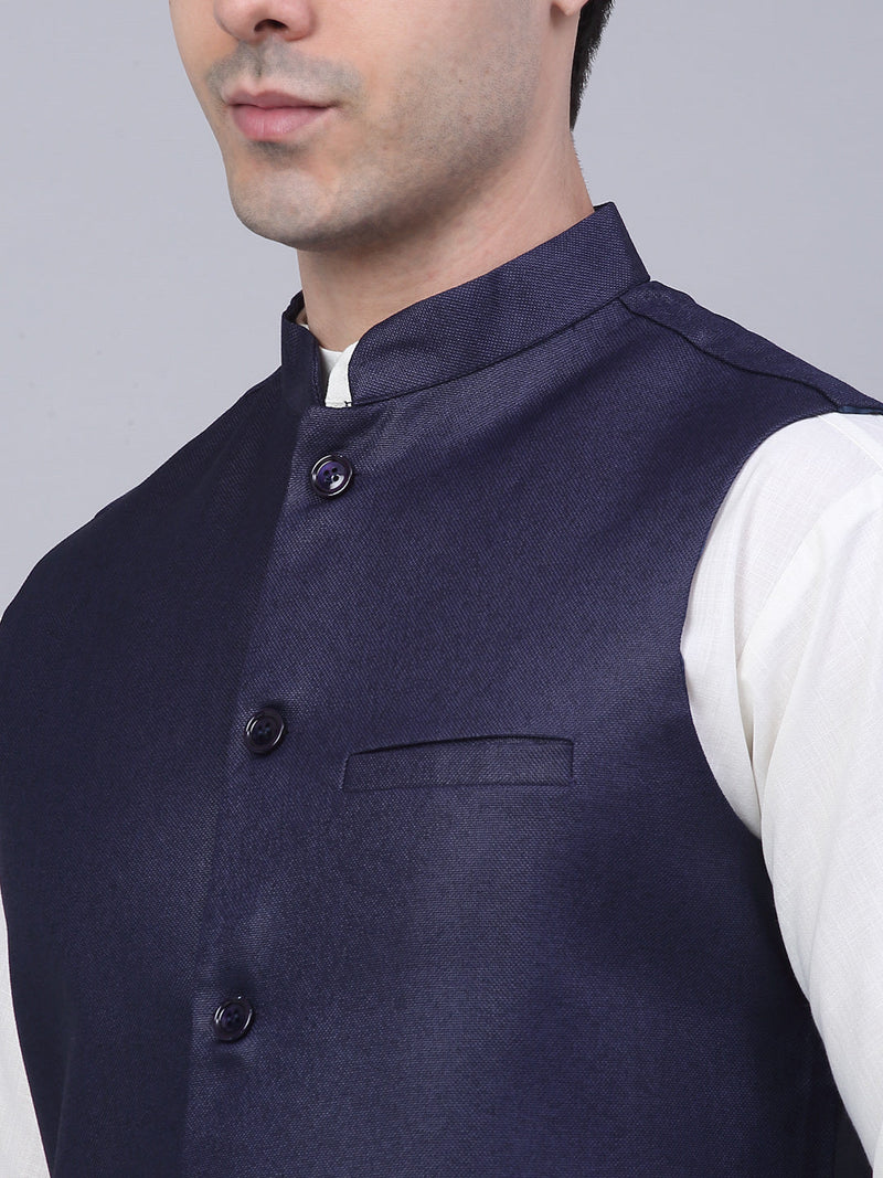 Men's Solid Kurta Pyjama With Nehru Jacket ( JOKPWC W-F 4046Navy )