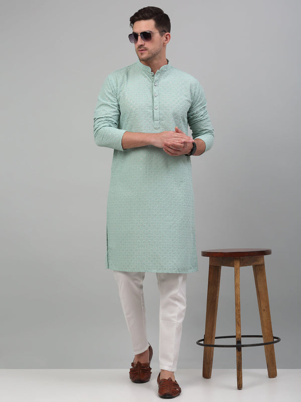 Men's Green Chikankari Embroidered and Sequence Kurta with Pyjama.