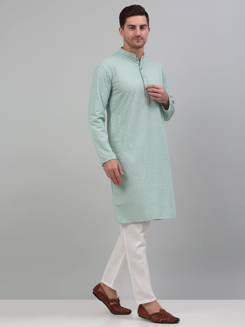 Men's Green Chikankari Embroidered and Sequence Kurta with Pyjama.