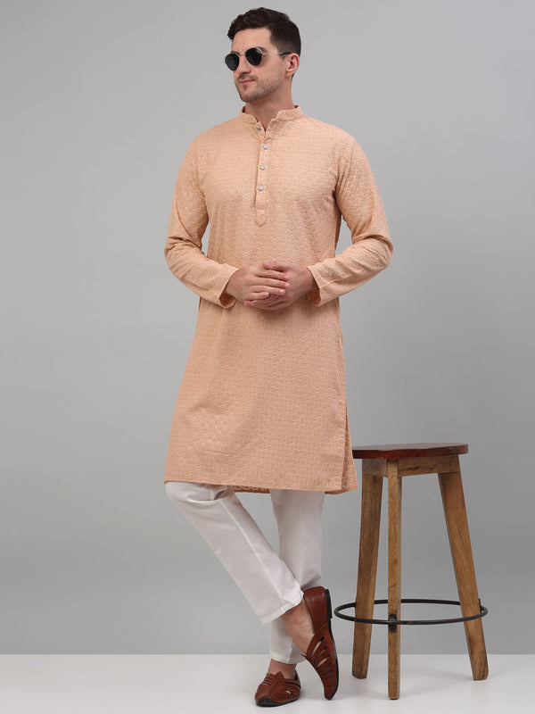 Men's Peach Chikankari Embroidered and Sequence Kurta with Pyjama.