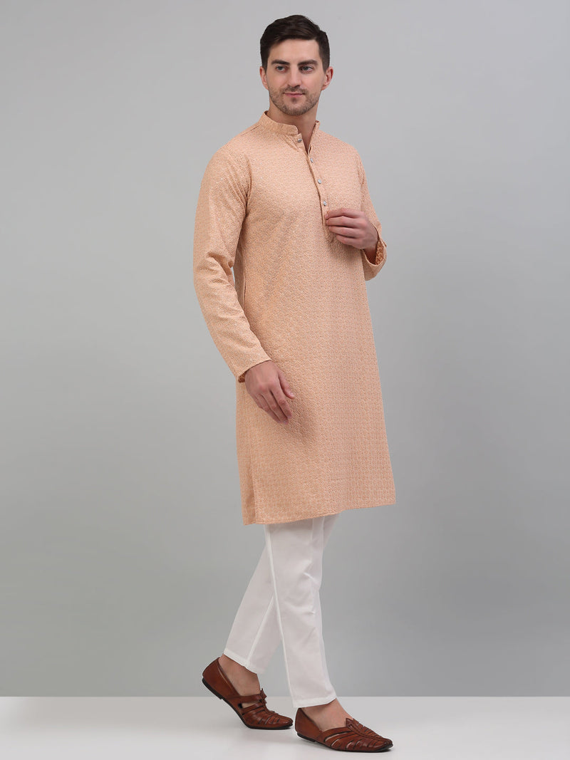 Men's Peach Chikankari Embroidered and Sequence Kurta with Pyjama.