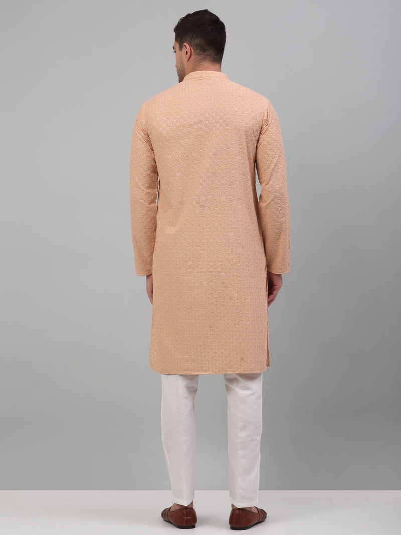 Men's Peach Chikankari Embroidered and Sequence Kurta with Pyjama.